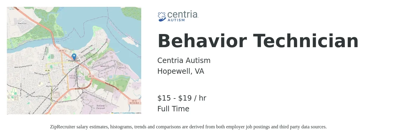 Centria Autism job posting for a Behavior Technician in Hopewell, VA with a salary of $16 to $20 Hourly with a map of Hopewell location.