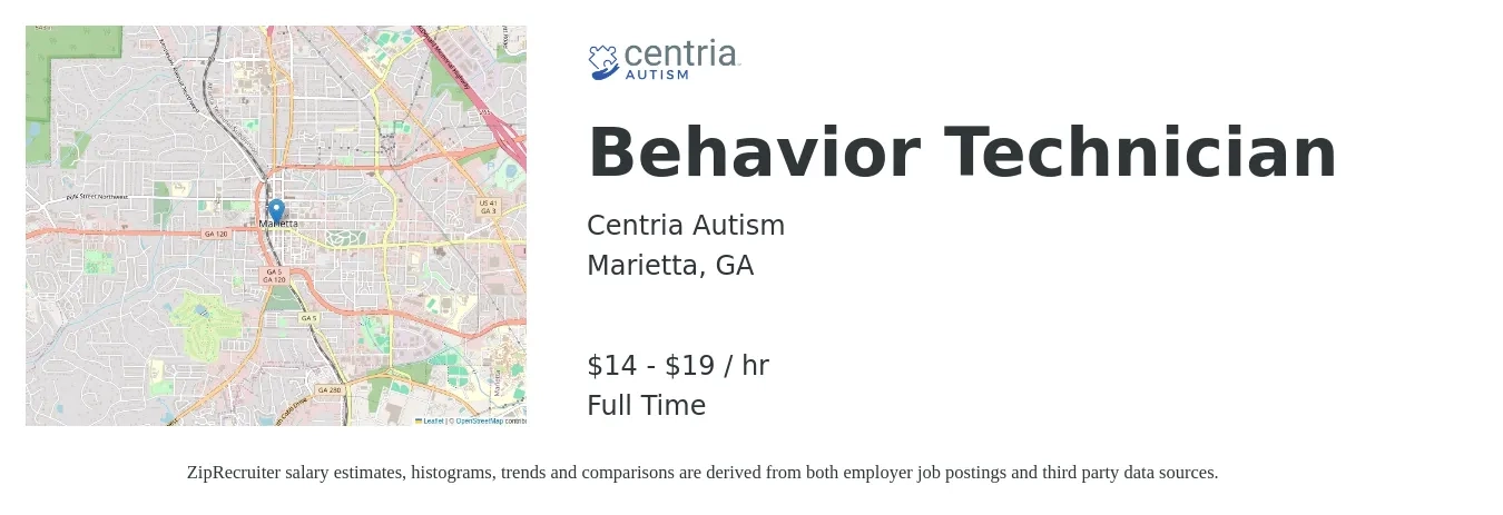 Centria Autism job posting for a Behavior Technician in Marietta, GA with a salary of $15 to $20 Hourly with a map of Marietta location.