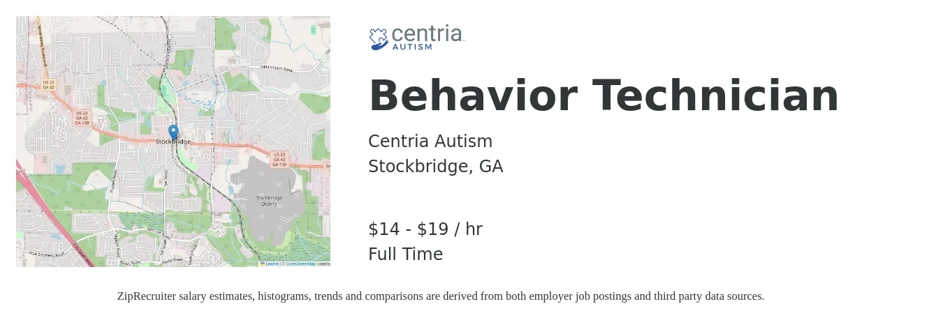 Centria Autism job posting for a Behavior Technician in Stockbridge, GA with a salary of $15 to $20 Hourly with a map of Stockbridge location.