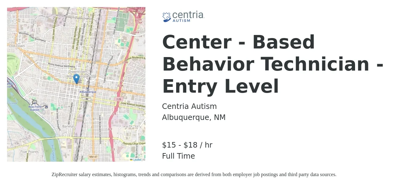 Centria Autism job posting for a Center - Based Behavior Technician - Entry Level in Albuquerque, NM with a salary of $16 to $19 Hourly with a map of Albuquerque location.