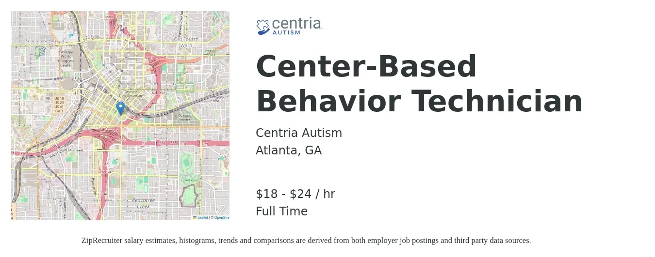 Centria Autism job posting for a Center-Based Behavior Technician in Atlanta, GA with a salary of $19 to $25 Hourly with a map of Atlanta location.