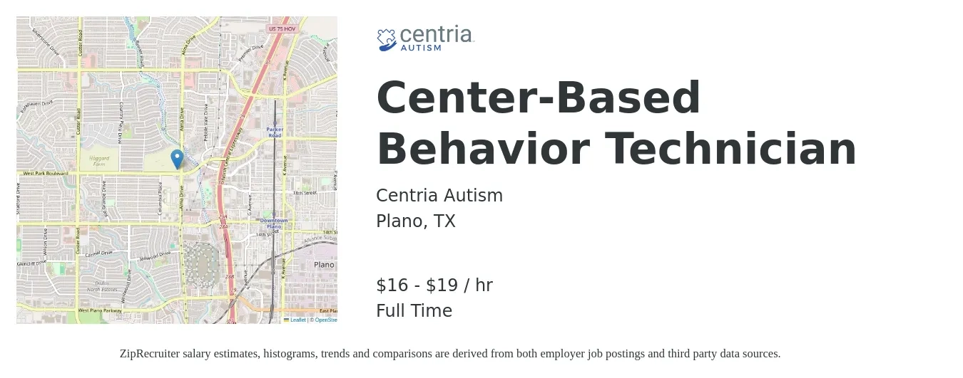 Centria Autism job posting for a Center-Based Behavior Technician in Plano, TX with a salary of $17 to $20 Hourly with a map of Plano location.