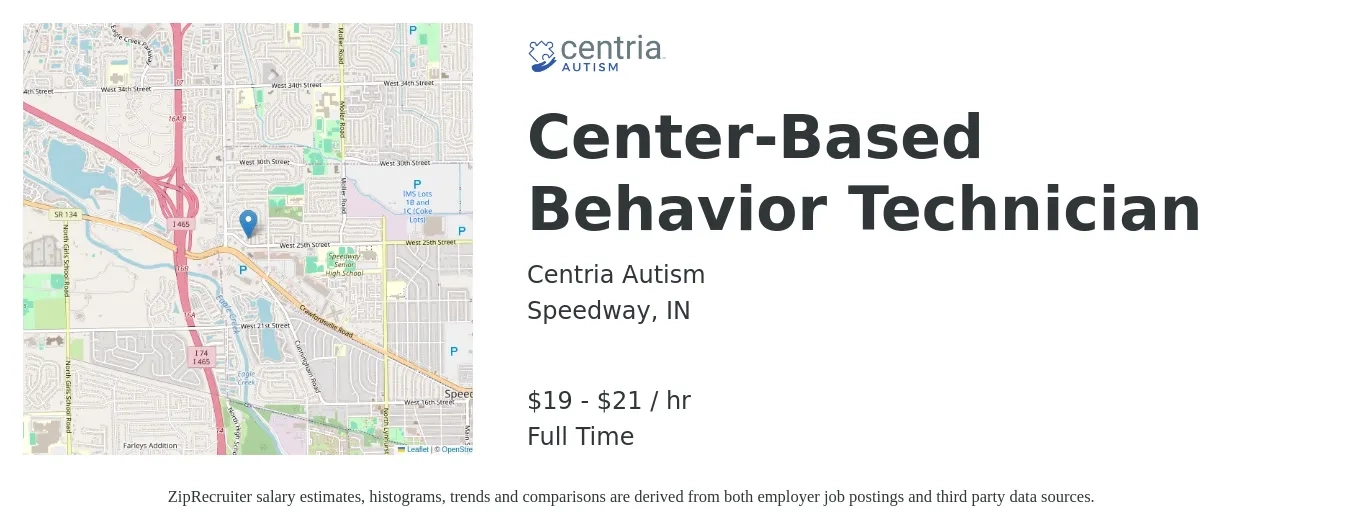 Centria Autism job posting for a Center-Based Behavior Technician in Speedway, IN with a salary of $20 to $22 Hourly with a map of Speedway location.
