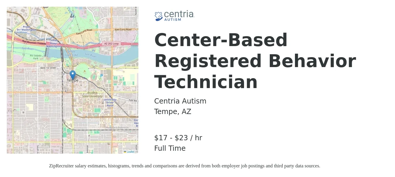 Centria Autism job posting for a Center-Based Registered Behavior Technician in Tempe, AZ with a salary of $18 to $24 Hourly with a map of Tempe location.