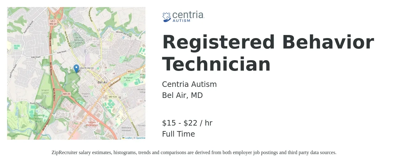 Centria Autism job posting for a Registered Behavior Technician in Bel Air, MD with a salary of $16 to $23 Hourly with a map of Bel Air location.