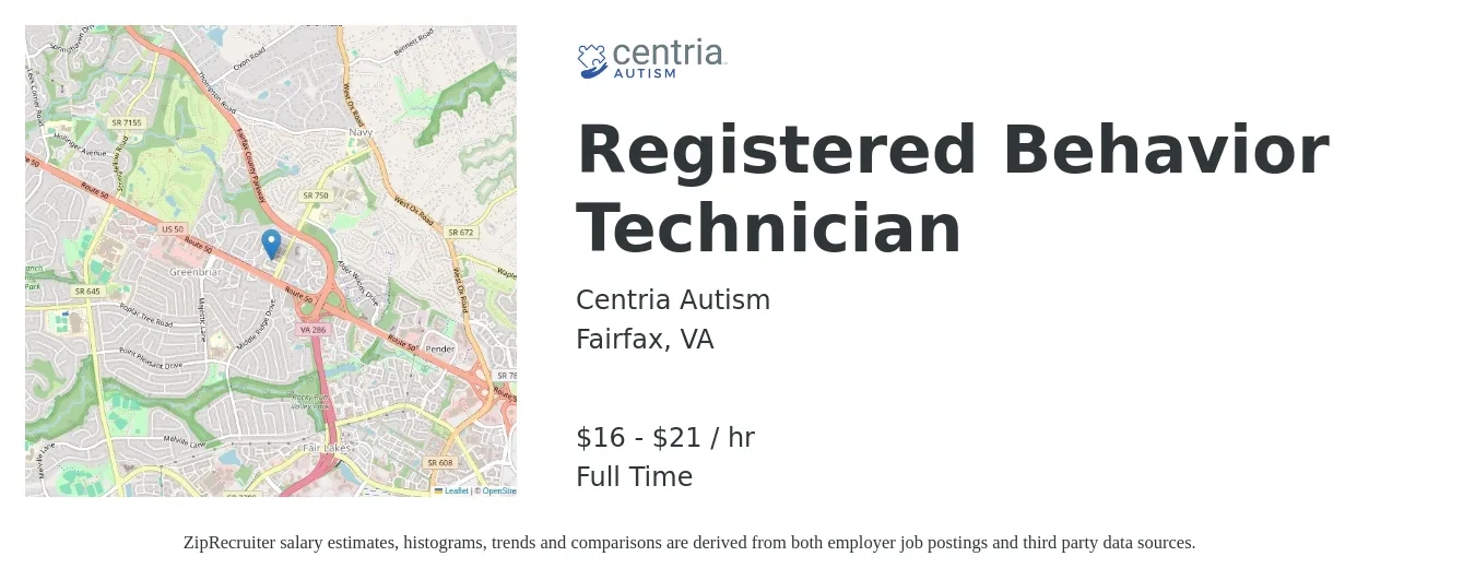 Centria Autism job posting for a Registered Behavior Technician in Fairfax, VA with a salary of $17 to $22 Hourly with a map of Fairfax location.