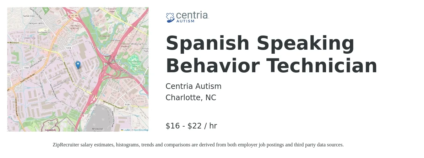 Centria Autism job posting for a Spanish Speaking Behavior Technician in Charlotte, NC with a salary of $17 to $23 Hourly with a map of Charlotte location.
