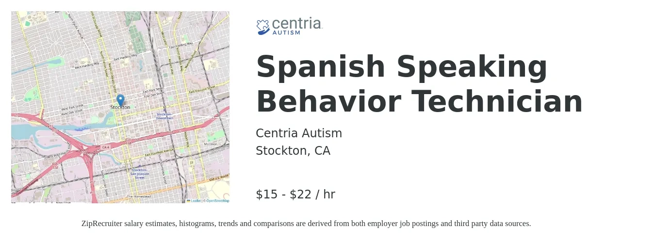 Centria Autism job posting for a Spanish Speaking Behavior Technician in Stockton, CA with a salary of $16 to $23 Hourly with a map of Stockton location.