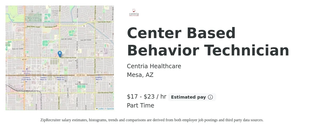 Centria Healthcare job posting for a Center-Based Behavior Technician in Mesa, AZ with a salary of $18 to $24 Hourly and benefits including retirement with a map of Mesa location.