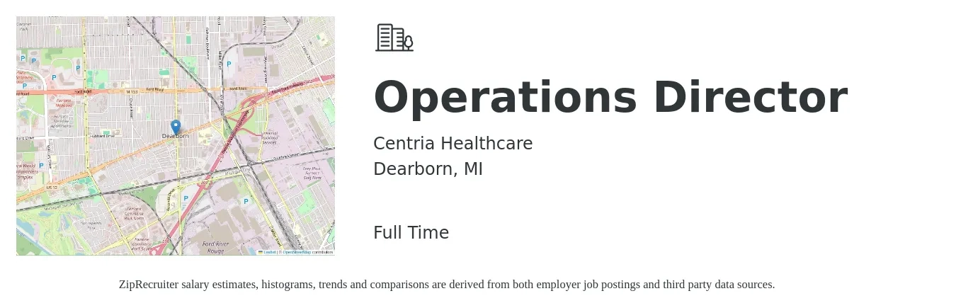 Centria Healthcare job posting for a Operations Director in Dearborn, MI with a salary of $69,400 to $124,500 Yearly with a map of Dearborn location.