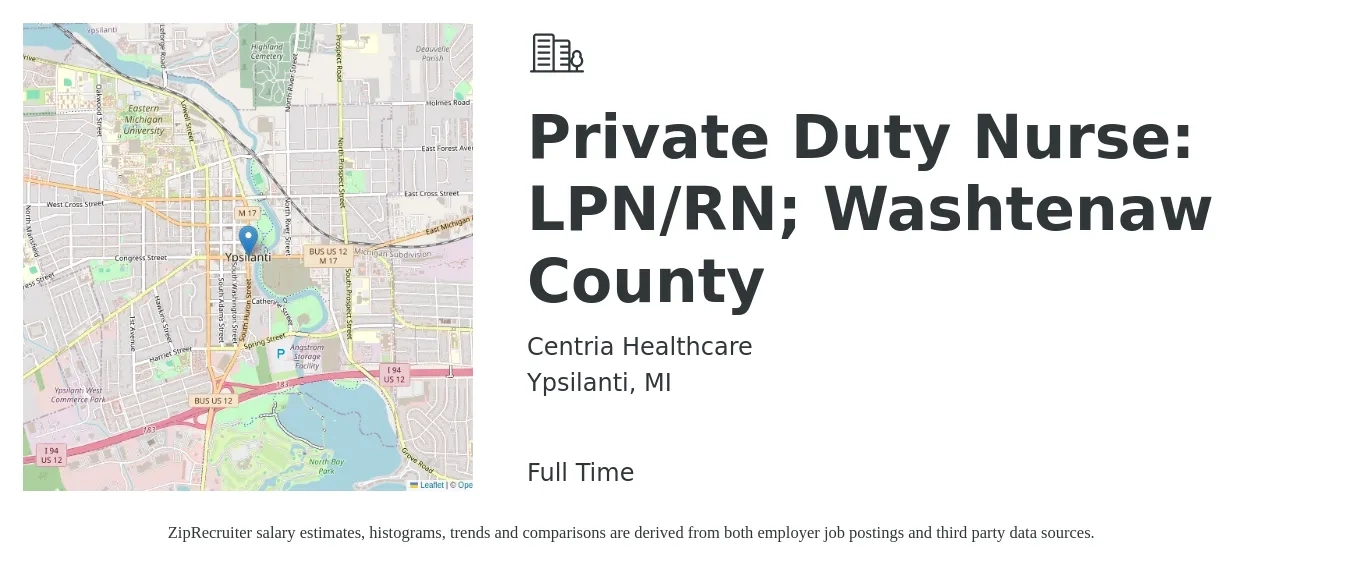 Centria Healthcare job posting for a Private Duty Nurse: LPN/RN; Washtenaw County in Ypsilanti, MI with a salary of $25 to $32 Hourly with a map of Ypsilanti location.