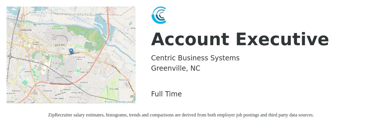 Centric Business Systems job posting for a Account Executive in Greenville, NC with a salary of $51,700 to $91,000 Yearly with a map of Greenville location.