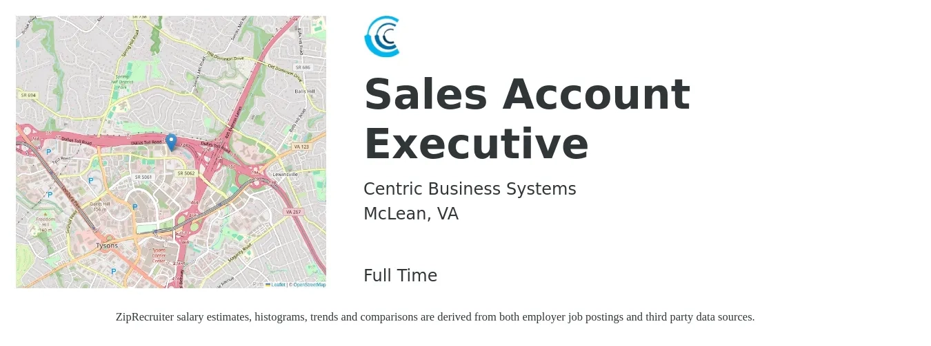 Centric Business Systems job posting for a Sales Account Executive in McLean, VA with a salary of $54,100 to $84,900 Yearly with a map of McLean location.
