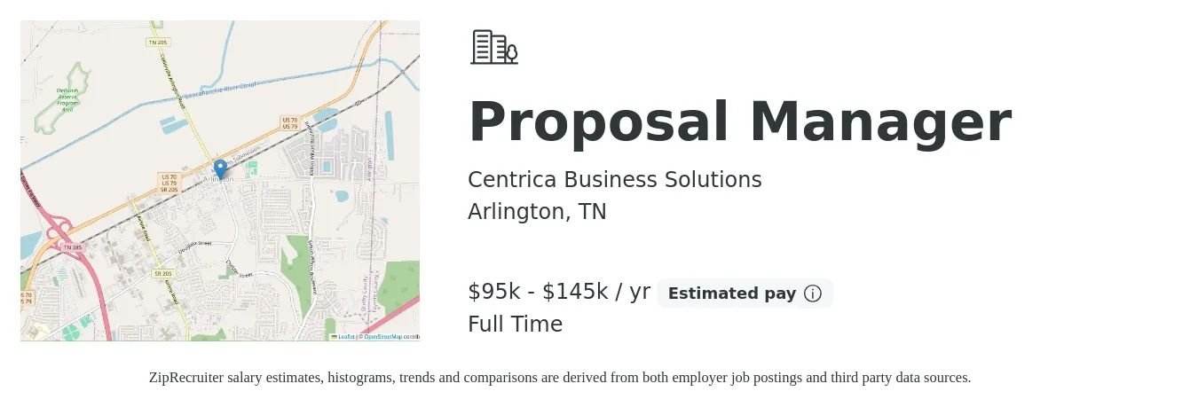 Centrica Business Solutions job posting for a Proposal Manager in Arlington, TN with a salary of $95,000 to $145,000 Yearly with a map of Arlington location.