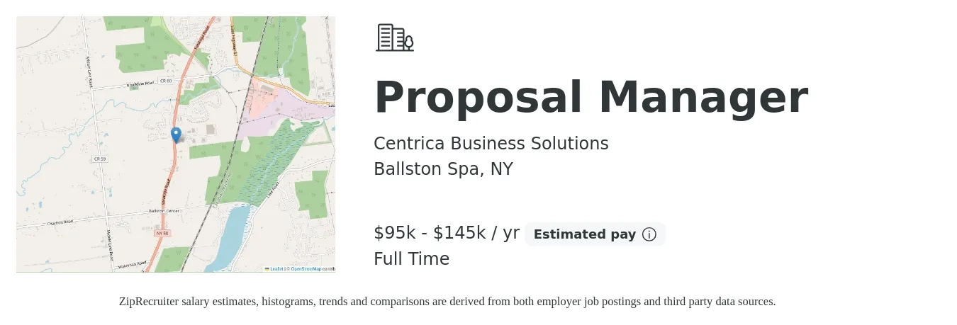 Centrica Business Solutions job posting for a Proposal Manager in Ballston Spa, NY with a salary of $95,000 to $145,000 Yearly with a map of Ballston Spa location.