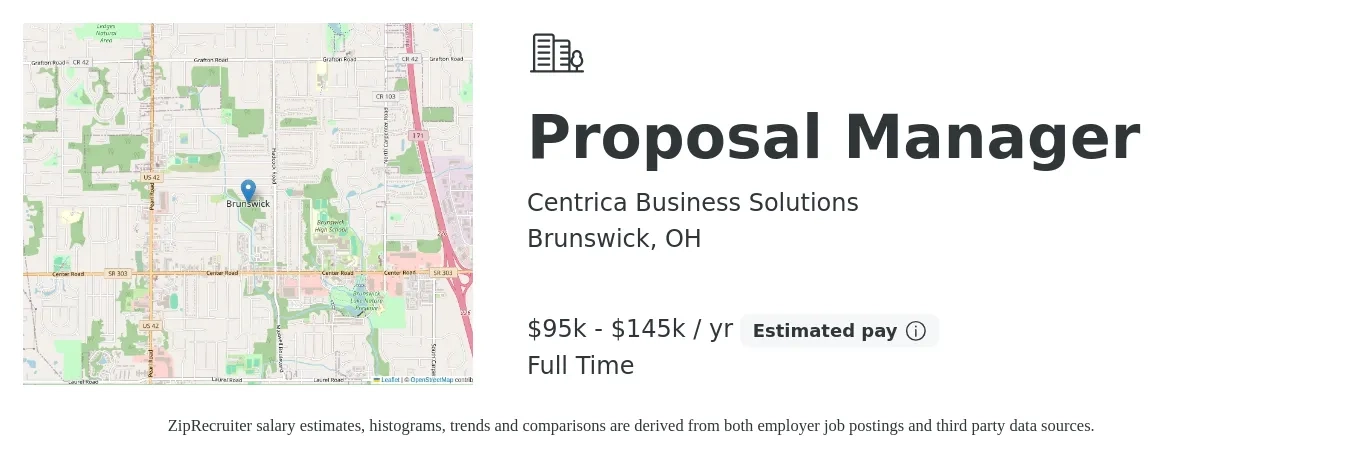 Centrica Business Solutions job posting for a Proposal Manager in Brunswick, OH with a salary of $95,000 to $145,000 Yearly with a map of Brunswick location.