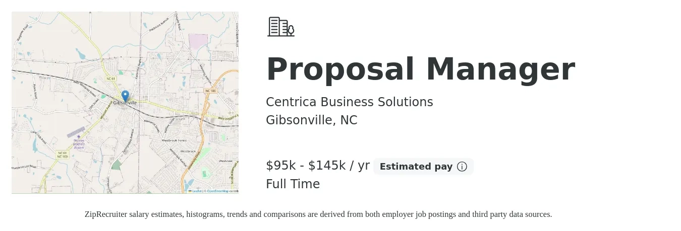 Centrica Business Solutions job posting for a Proposal Manager in Gibsonville, NC with a salary of $95,000 to $145,000 Yearly with a map of Gibsonville location.