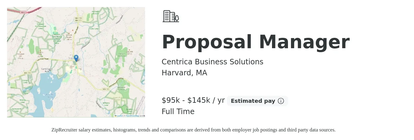 Centrica Business Solutions job posting for a Proposal Manager in Harvard, MA with a salary of $95,000 to $145,000 Yearly with a map of Harvard location.