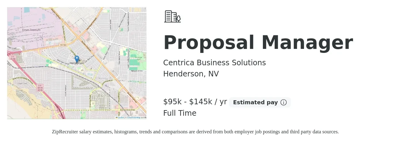 Centrica Business Solutions job posting for a Proposal Manager in Henderson, NV with a salary of $95,000 to $145,000 Yearly with a map of Henderson location.