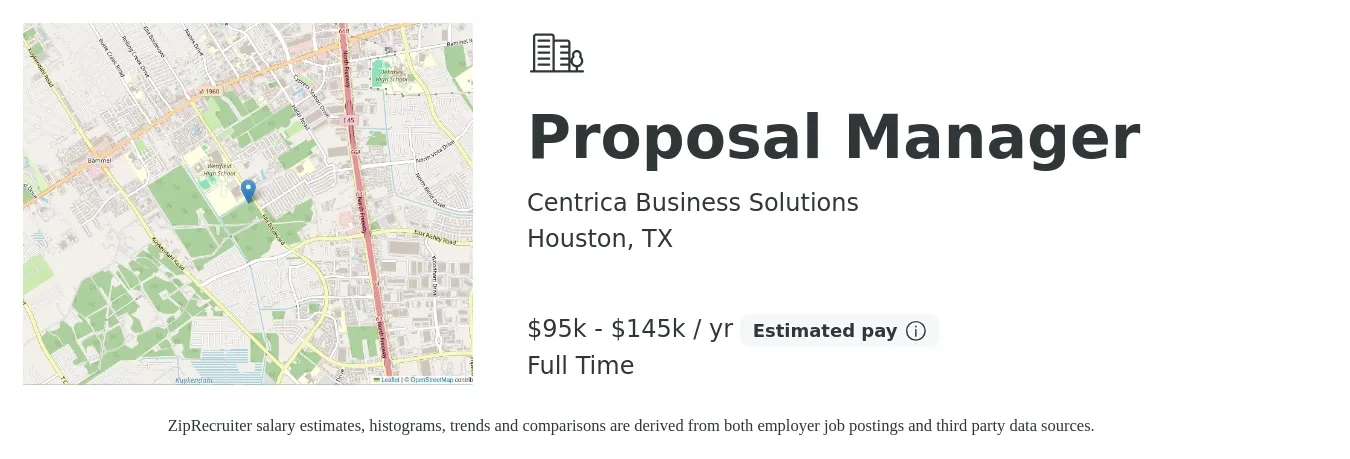 Centrica Business Solutions job posting for a Proposal Manager in Houston, TX with a salary of $95,000 to $145,000 Yearly with a map of Houston location.