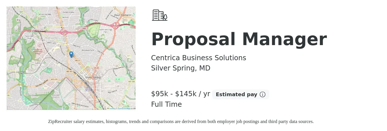 Centrica Business Solutions job posting for a Proposal Manager in Silver Spring, MD with a salary of $95,000 to $145,000 Yearly with a map of Silver Spring location.