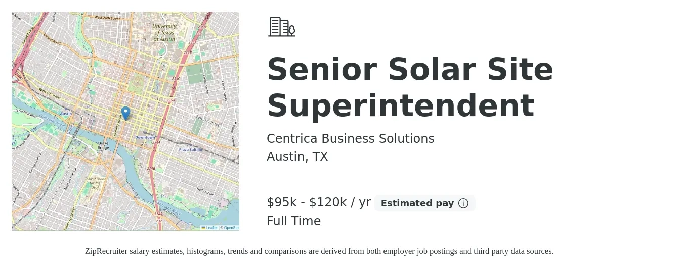 Centrica Business Solutions job posting for a Senior Solar Site Superintendent in Austin, TX with a salary of $95,000 to $120,000 Yearly with a map of Austin location.