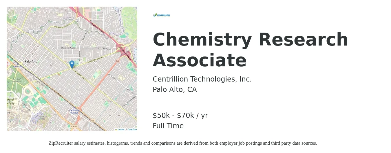Centrillion Technologies, Inc. job posting for a Chemistry Research Associate in Palo Alto, CA with a salary of $50,000 to $70,000 Yearly with a map of Palo Alto location.