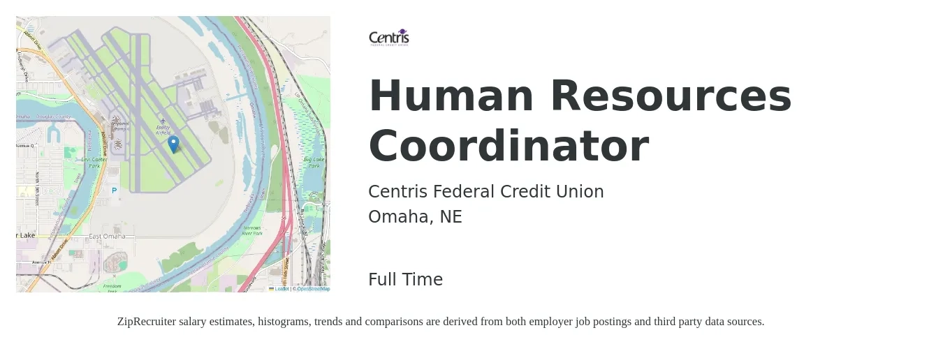 Centris Federal Credit Union job posting for a Human Resources Coordinator in Omaha, NE with a salary of $20 to $26 Hourly with a map of Omaha location.