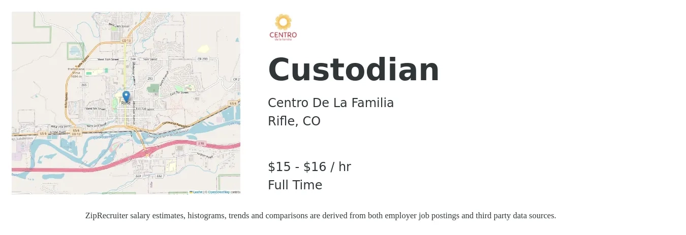 Centro De La Familia job posting for a Custodian in Rifle, CO with a salary of $16 to $17 Hourly with a map of Rifle location.