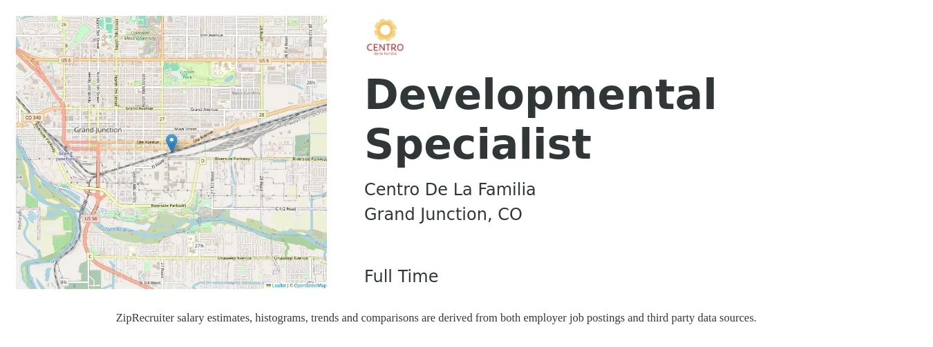 Centro De La Familia job posting for a Developmental Specialist in Grand Junction, CO with a salary of $17 to $23 Hourly with a map of Grand Junction location.
