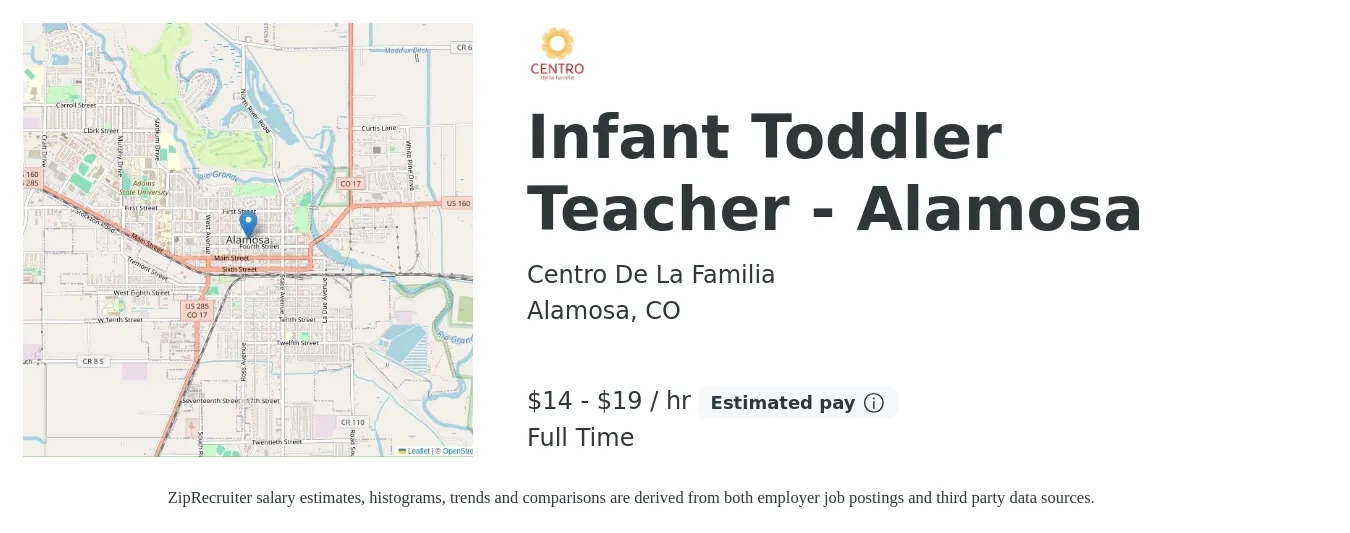 Centro De La Familia job posting for a Infant Toddler Teacher - Alamosa in Alamosa, CO with a salary of $15 to $21 Hourly with a map of Alamosa location.