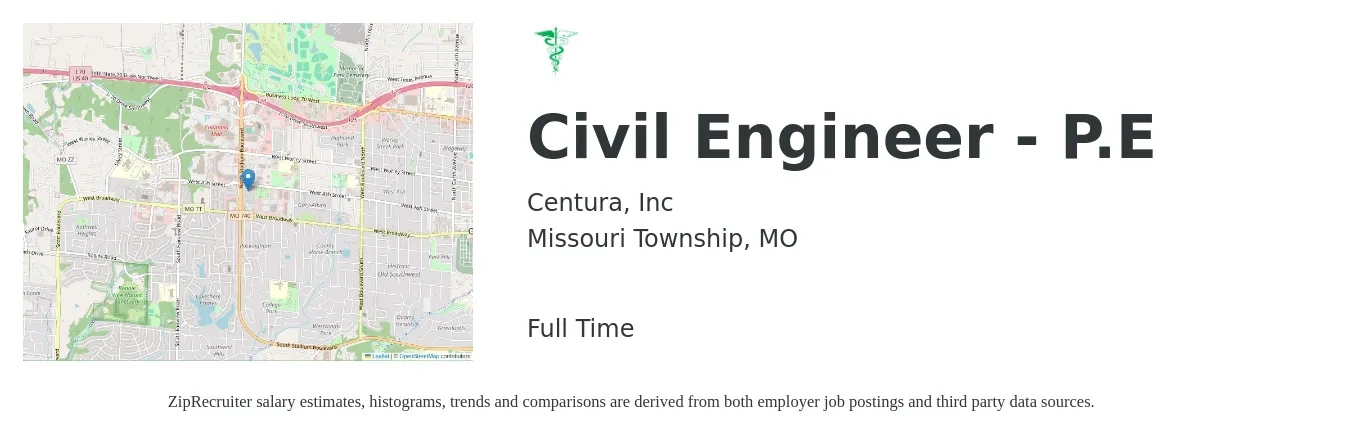 Centura, Inc job posting for a Civil Engineer - P.E in Missouri Township, MO with a salary of $64,200 to $93,700 Yearly with a map of Missouri Township location.