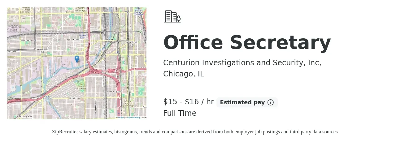 Centurion Investigations and Security, Inc, job posting for a Office Secretary in Chicago, IL with a salary of $16 to $18 Hourly with a map of Chicago location.