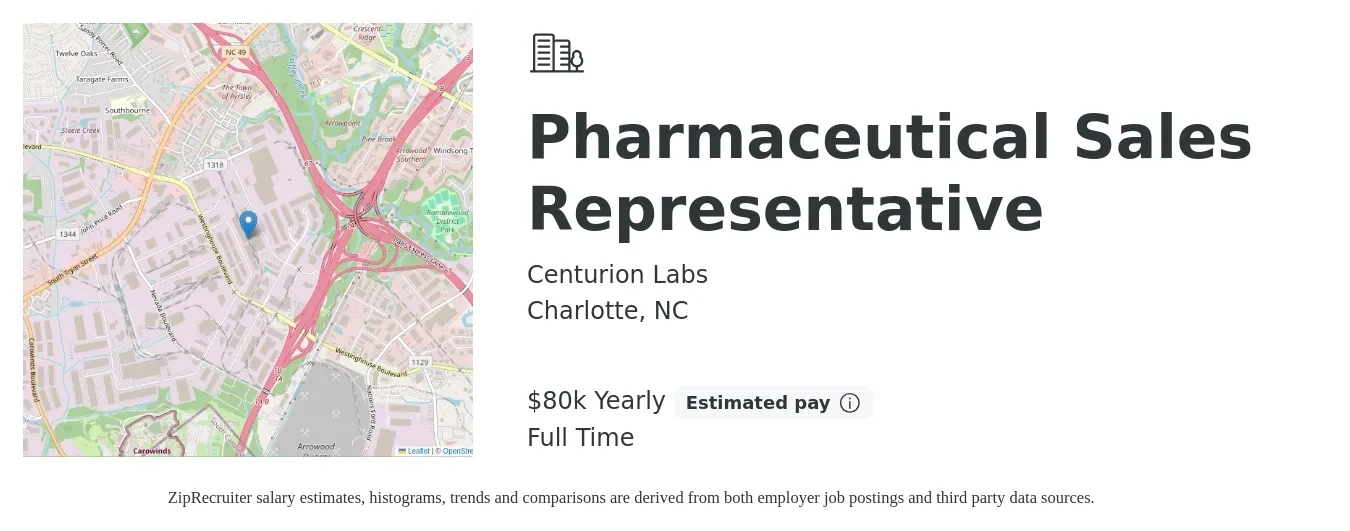 Centurion Labs job posting for a Pharmaceutical Sales Representative in Charlotte, NC with a salary of $80,000 Yearly with a map of Charlotte location.