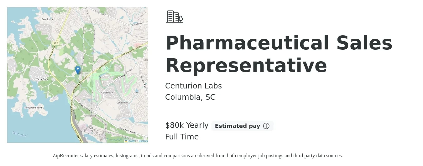 Centurion Labs job posting for a Pharmaceutical Sales Representative in Columbia, SC with a salary of $80,000 Yearly with a map of Columbia location.