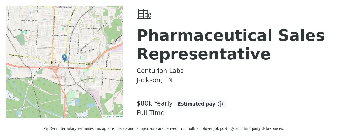 Centurion Labs job posting for a Pharmaceutical Sales Representative in Jackson, TN with a salary of $80,000 Yearly with a map of Jackson location.
