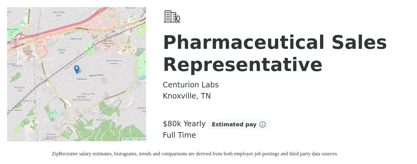 Centurion Labs job posting for a Pharmaceutical Sales Representative in Knoxville, TN with a salary of $80,000 Yearly with a map of Knoxville location.