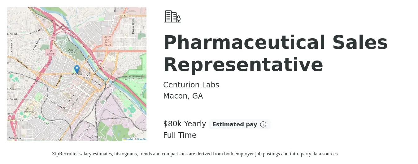 Centurion Labs job posting for a Pharmaceutical Sales Representative in Macon, GA with a salary of $80,000 Yearly with a map of Macon location.