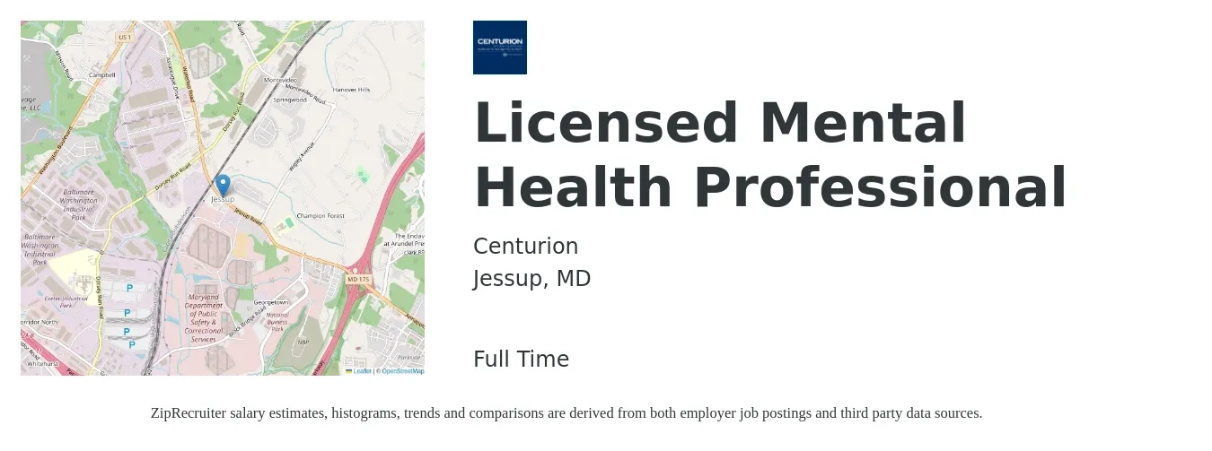 Centurion job posting for a Licensed Mental Health Professional in Jessup, MD with a salary of $63,800 to $102,800 Yearly with a map of Jessup location.