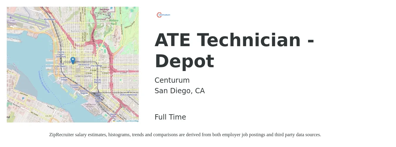 Centurum job posting for a ATE Technician - Depot in San Diego, CA with a salary of $40 to $47 Hourly with a map of San Diego location.