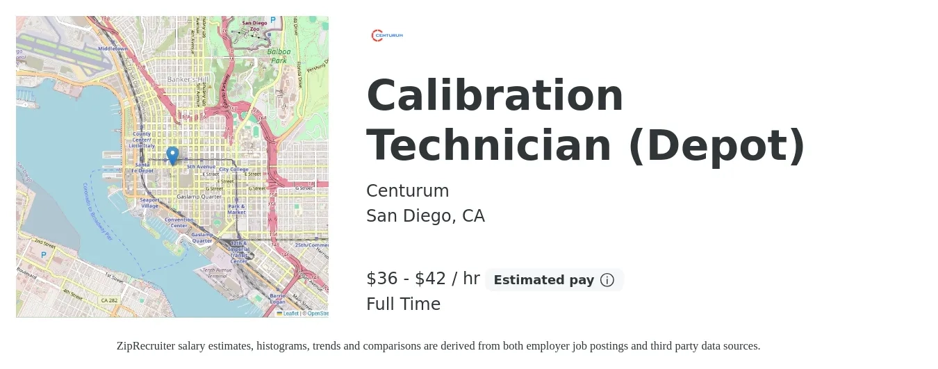Centurum job posting for a Calibration Technician (Depot) in San Diego, CA with a salary of $38 to $44 Hourly with a map of San Diego location.