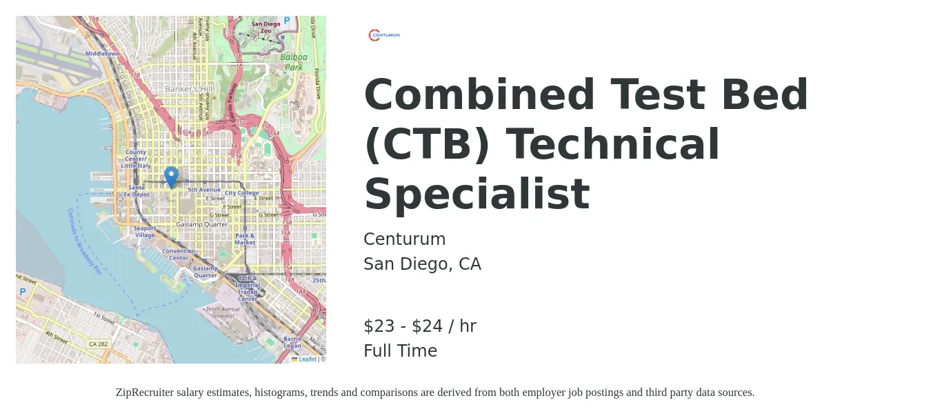 Centurum job posting for a Combined Test Bed (CTB) Technical Specialist in San Diego, CA with a salary of $24 to $26 Hourly with a map of San Diego location.