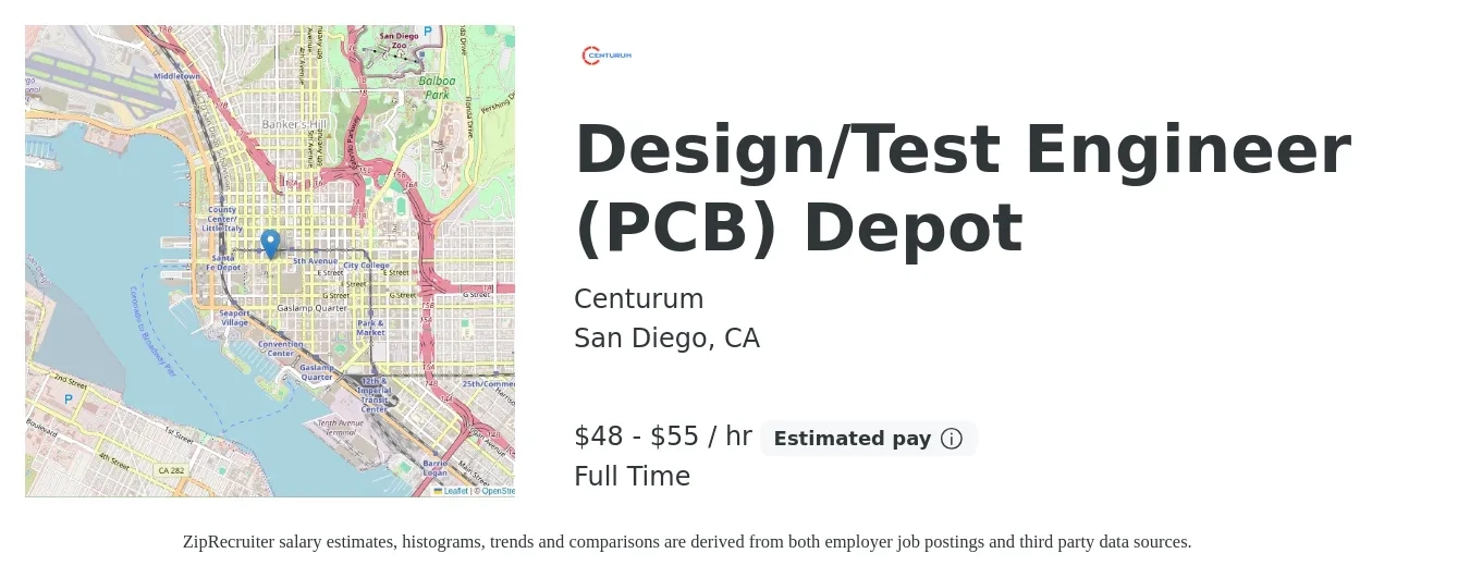 Centurum job posting for a Design/Test Engineer (PCB) Depot in San Diego, CA with a salary of $50 to $58 Hourly with a map of San Diego location.