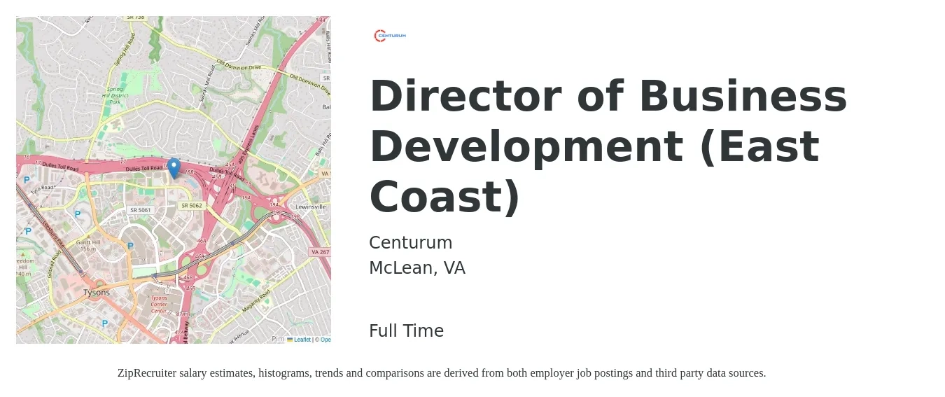 Centurum job posting for a Director of Business Development (East Coast) in McLean, VA with a salary of $94,500 to $153,100 Yearly with a map of McLean location.
