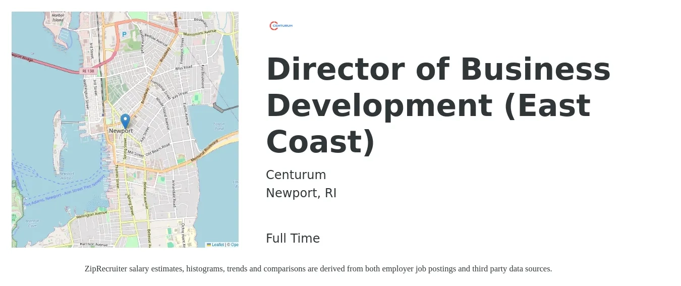 Centurum job posting for a Director of Business Development (East Coast) in Newport, RI with a salary of $94,100 to $152,500 Yearly with a map of Newport location.