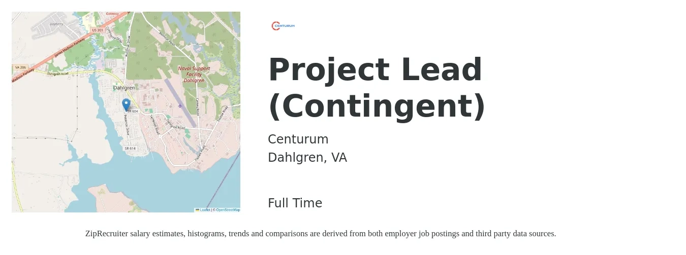 Centurum job posting for a Project Lead (Contingent) in Dahlgren, VA with a salary of $86,700 to $142,300 Yearly with a map of Dahlgren location.