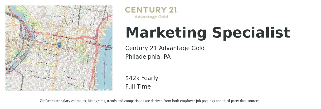 Century 21 Advantage Gold job posting for a Marketing Specialist in Philadelphia, PA with a salary of $42,000 Yearly with a map of Philadelphia location.