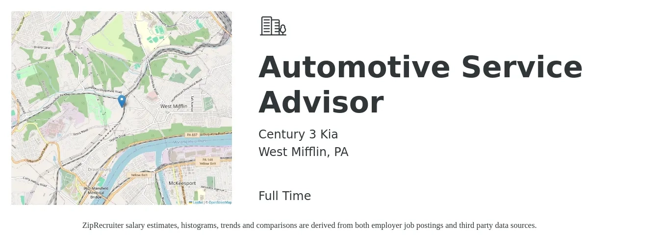 Century 3 Kia job posting for a Automotive Service Advisor in West Mifflin, PA with a salary of $18 to $29 Hourly with a map of West Mifflin location.