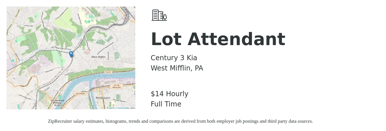 Century 3 Kia job posting for a Lot Attendant in West Mifflin, PA with a salary of $15 Hourly with a map of West Mifflin location.