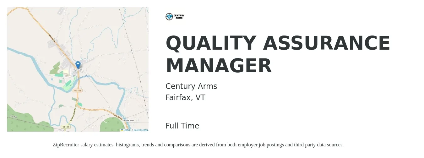 Century Arms job posting for a QUALITY ASSURANCE MANAGER in Fairfax, VT with a salary of $90,700 to $157,800 Yearly with a map of Fairfax location.
